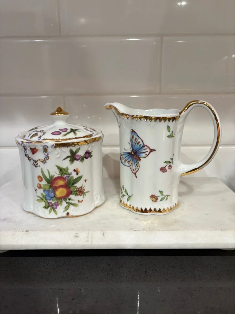 Porcelain Butterfly Floral Creamer and Sugar Set with Gold Trim - White